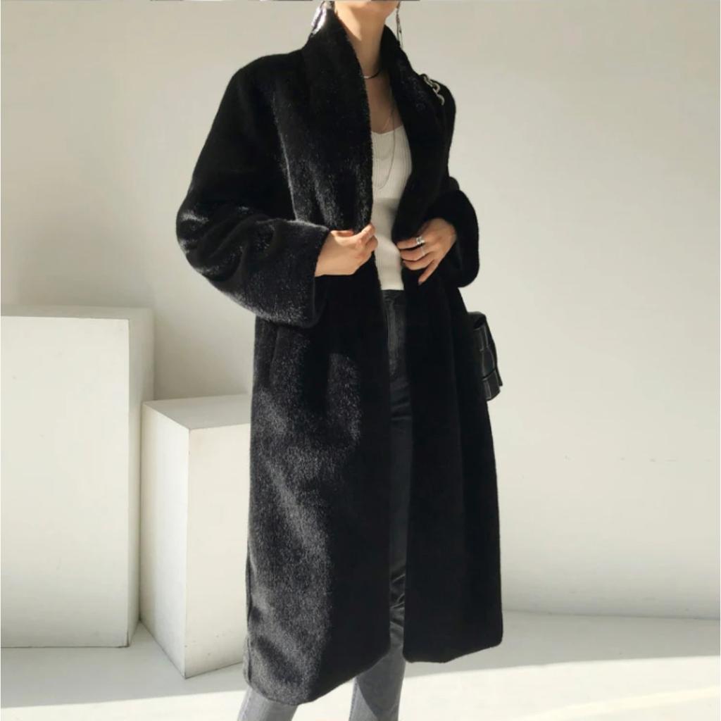 Winter Long Black Luxury Elegant Stylish Thick Warm Fluffy Hairy Soft Faux Mink Fur Coat Women Stand Collar Sashes