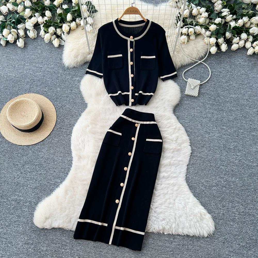 

Women s Summer Two-Piece Set Elegant Short Sleeve Knit Cardigan and High Waist Bodycon Skirt Suits One size чорний
