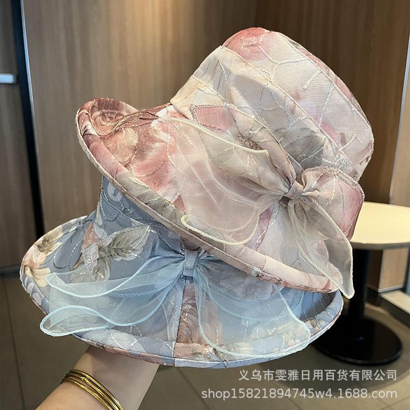 Eugen Yarn Bow Mesh Hat Women's Summer Outdoor Sunshade Sunscreen Hat Casual Breathable Curled Edge Mother Hat