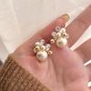 Gold-Plated Silver Zircon Flower Pearl Stud Earrings - French Retro Style for Women