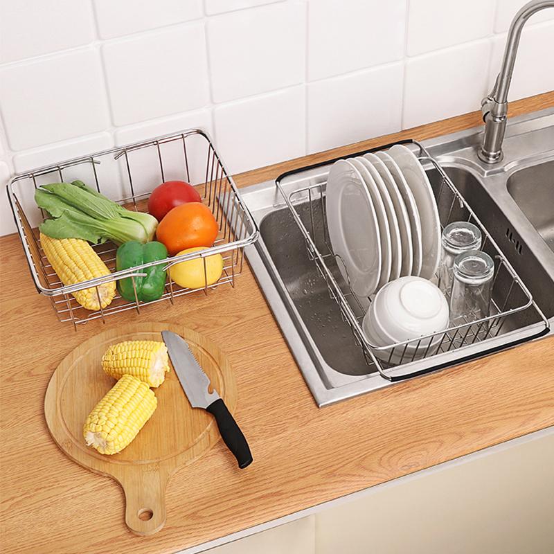 Adjustable Stainless Steel Sink Dish Rack Kitchen Fruit Drain Rack Adjustable and Expandable