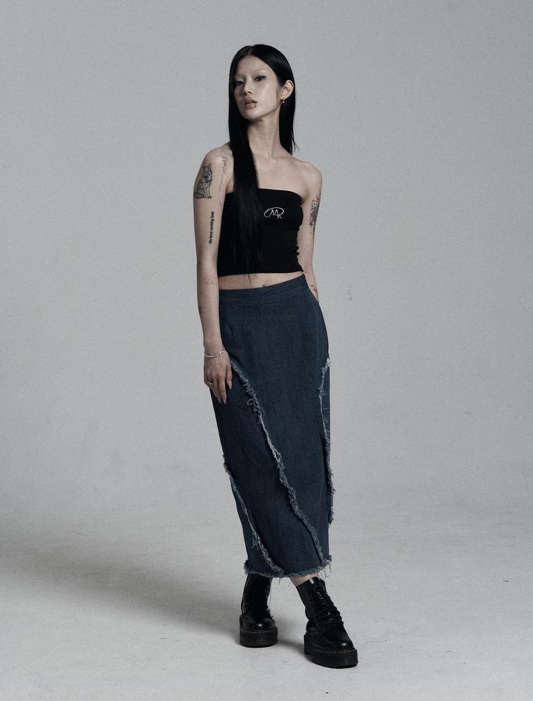 Miteula Wave Damage Denim Long Skirt _ Indigo