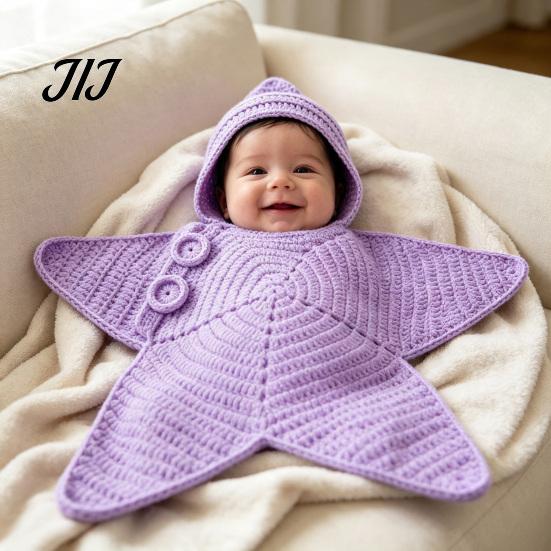 Seestern Schlafsack für Neugeborene Baby Schlafsack, Gestrickter Schlafsack mit Kapuze, Weiches Baumwollgarn Baby Wickeltuch Gemütliche Sternförmige Tragbare Decke, Neugeborene