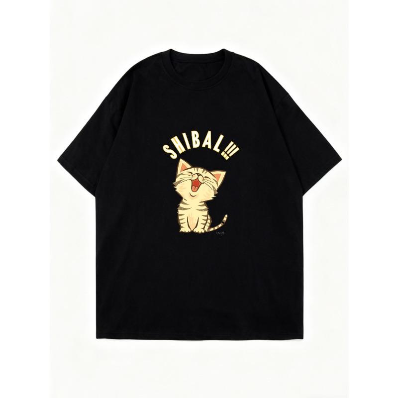 Übergroßes T-Shirt Schwarze Katze Mit Shibal Text Grafikdruck Freizeitkleidung Für Damen