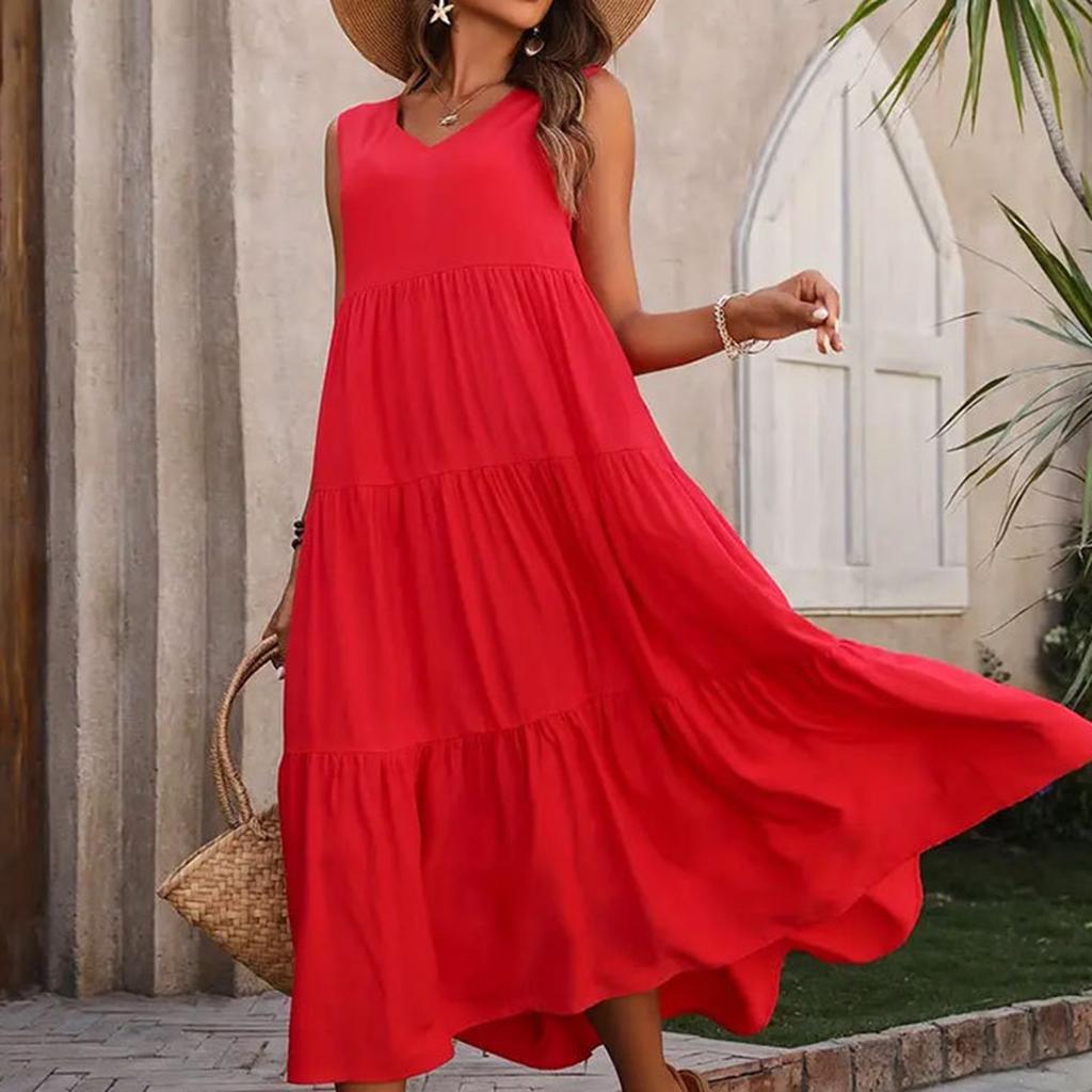 Women's Summer Casual Sleeveless Swing Sundress Boho Flowy Ruffle Tiered Maxi Dress
