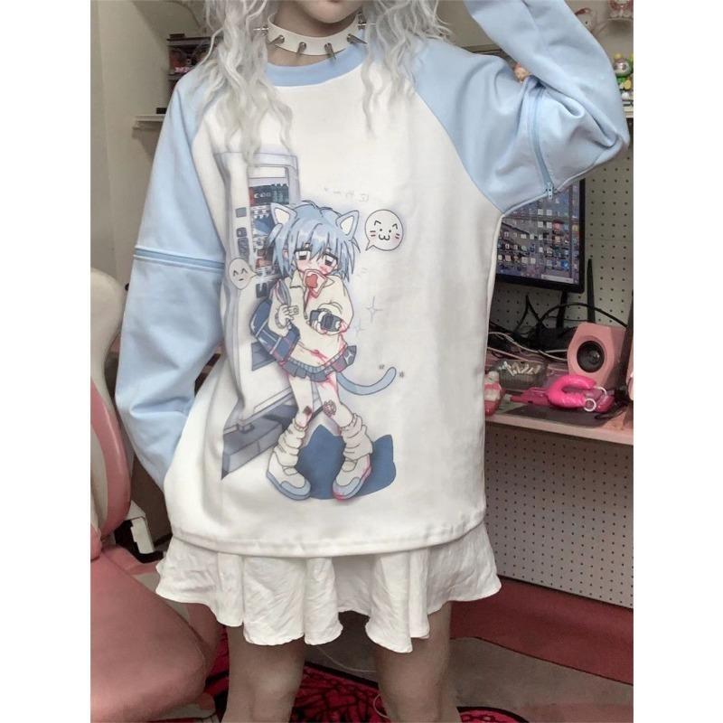 2KWEIRD Y2k Ästhetik Abnehmbarer Ärmel T-Shirt Damen Kawaii Katzenprint Grunge Oberteile Japanisches Harajuku T-Shirt Fairycore E-Girl Streetwear