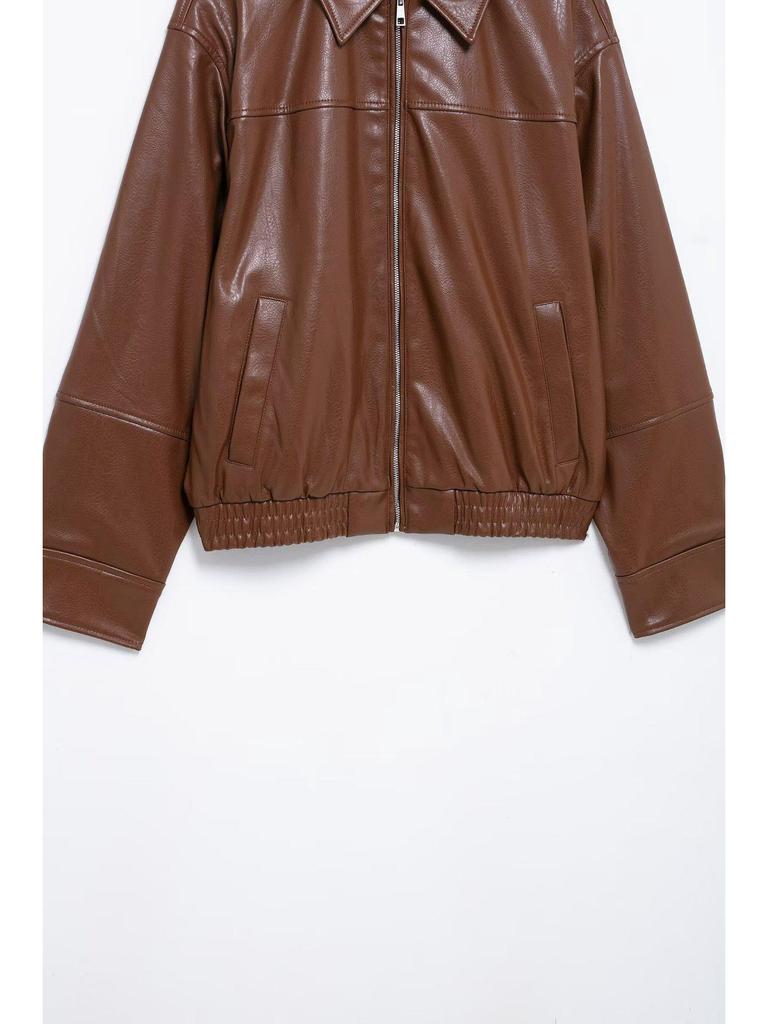 European and American Women's Fashion 2025 Spring Pilot Long Sleeve Faux PU Jacket