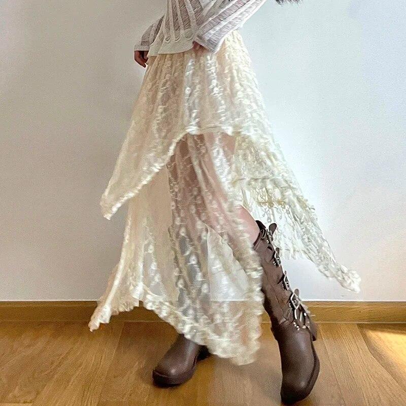 Sommer Spitze Asymmetrische Rock Fairycore Urlaub Frauen Y2K Kleidung Hohe Taille Mode Niedlich Midi Röcke Vintage Ästhetischen Dame Neue