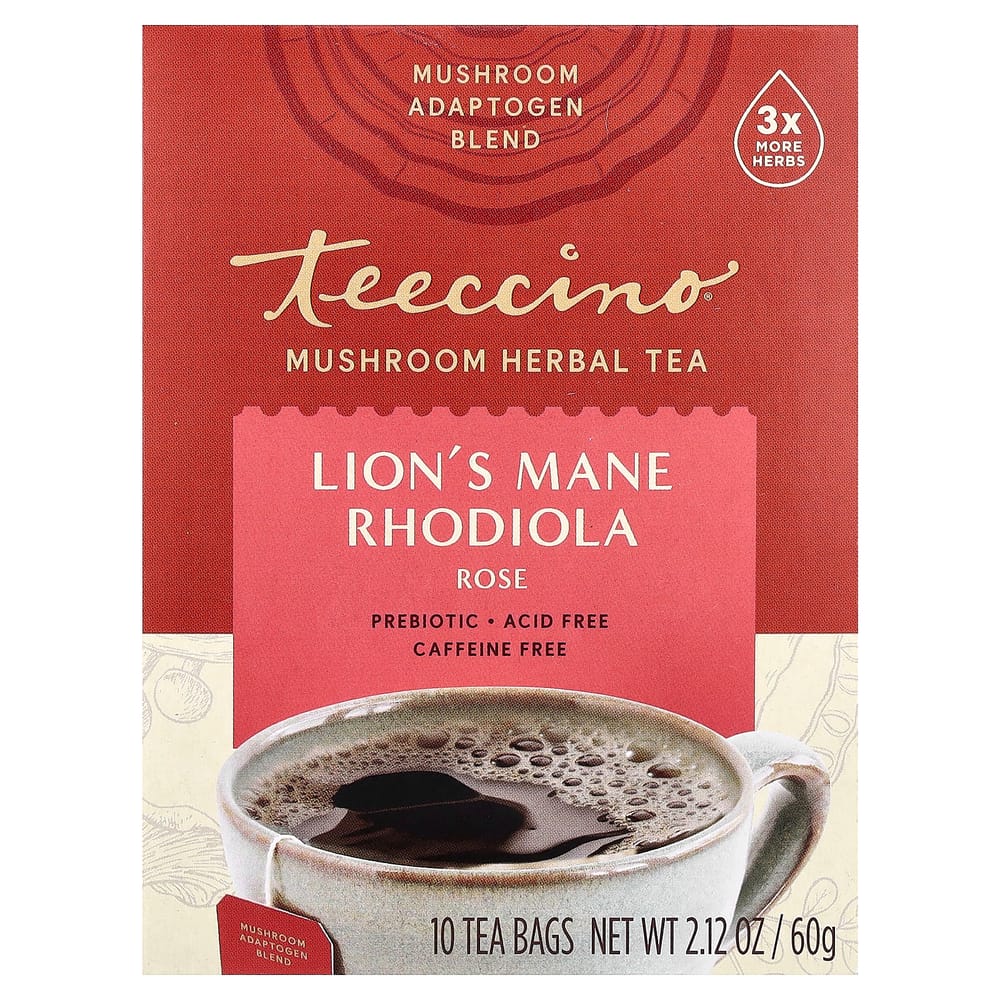 Teeccino Mushroom Herbal Tea with Lion s Mane, Rhodiola & Rose, Caffeine-Free, 10 Tea Bags, 60g (2.12oz)
