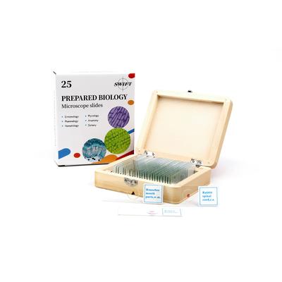 SWIFT PS25 25-Piece Microscope Slide Set with Wooden Box - Educational Slides for Basic Biology - Animal, Plant, Insect, and Tissue Samples