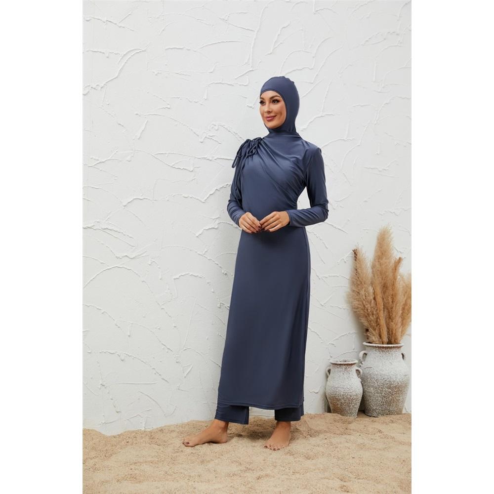 Damen 3-teiliger bescheidener Burkini Badeanzug in Marineblau mit Hijab, durchgehend langärmeliges Badekleid & Hose mit hohem Bund