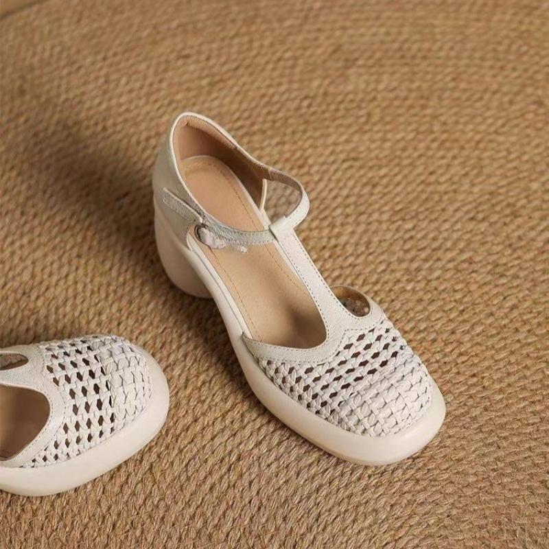 Woven Bag Heel Hollow Cutout Roman Shoes Summer New High Heel Block Heel Versatile Vintage Baotou Sandals Women