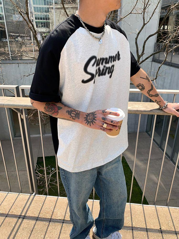 

Футболка мужская ретро-стрит большого размера с буквенным принтом, летние свободные лоскутные топы с короткими рукавами Y2K XXL