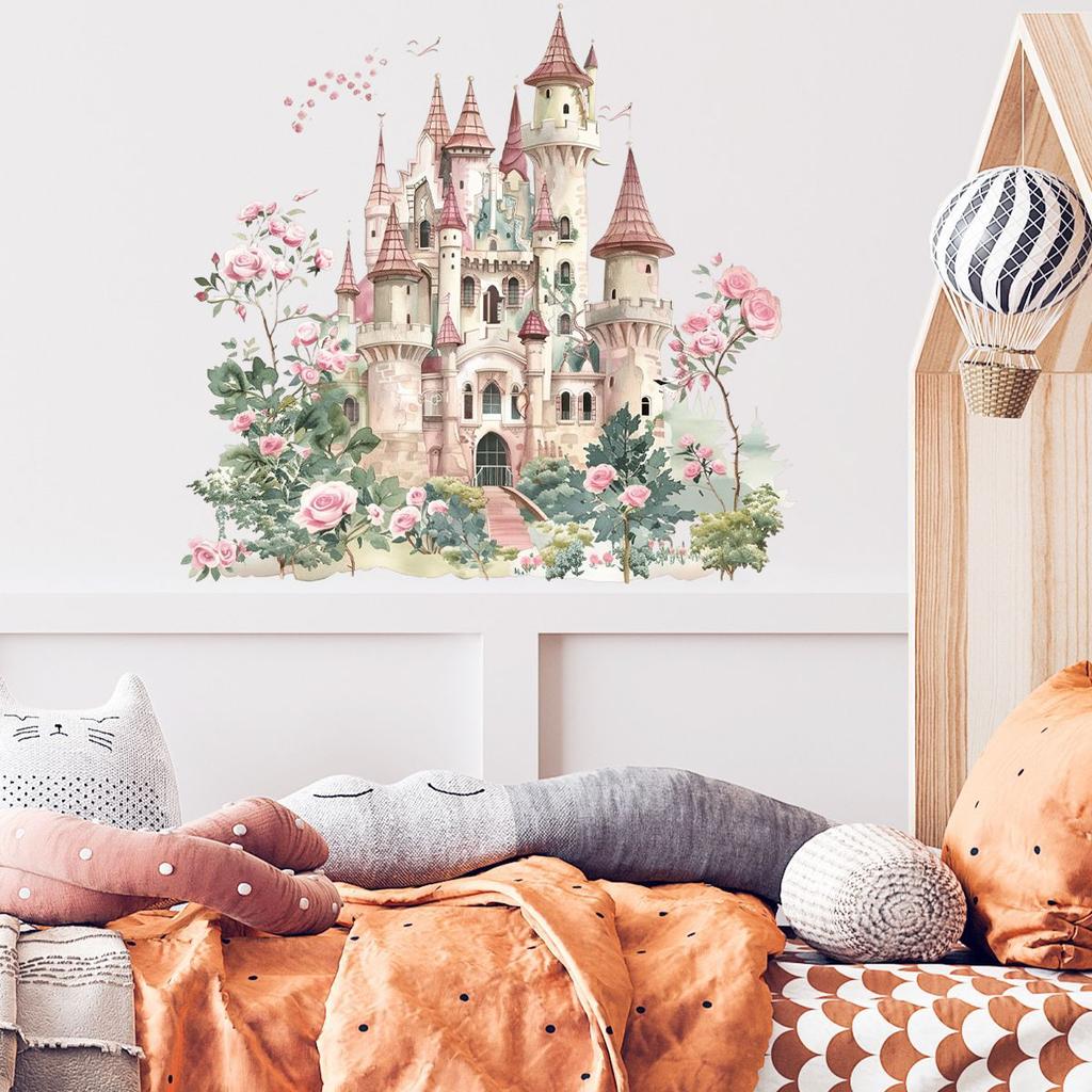 Cartoon Roze Droomkasteel Muursticker Meisjes Slaapkamer Kamer Decoratieve Behang Zelfklevend Verwijderbare Stickers