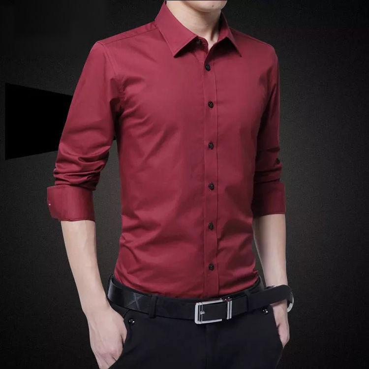 Men's Solid Color Slim Fit Long-Sleeve Shirt - Korean Style, Wrinkle-Free, Trendy Fashion for Spring and Autumn