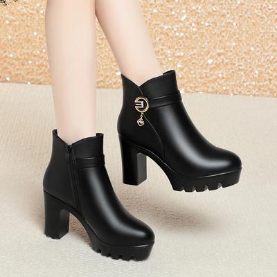 Autumn Winter Warm Thick Anti-slip Bottom Women's Cotton Boots Velvet Waterproof Block High Heels Office Model Ankle Boots