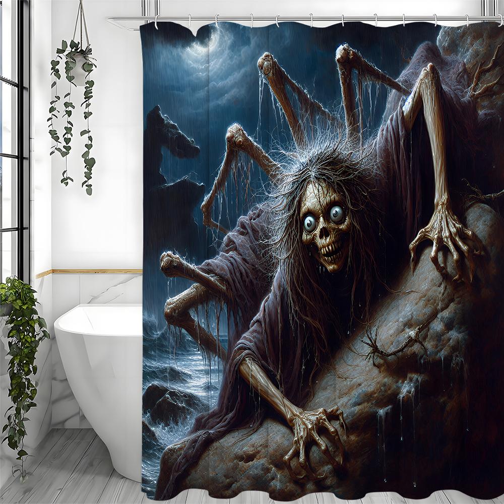 Halloween Skeleton Spider Shape Scary Shower Curtain, Bathroom Decorative Shower Curtain, Waterproof Shower Curtain with Hooks