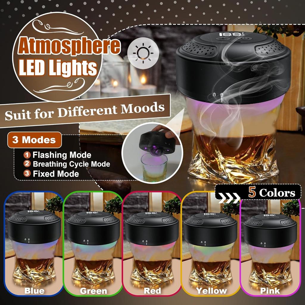Electric Whiskey Smoker Kit With Light Modes, No Butane Needed, Rechargeable Cocktail Smoker Kit with LED Display & 6 Wood Chips, Old Fashioned Smoker