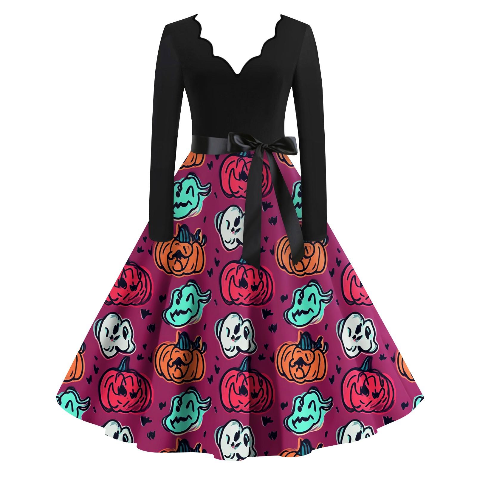 

Women s Fashion Wave Edge V-Neck Casual Slim Halloween Printed Long Sleeve Dresses XL