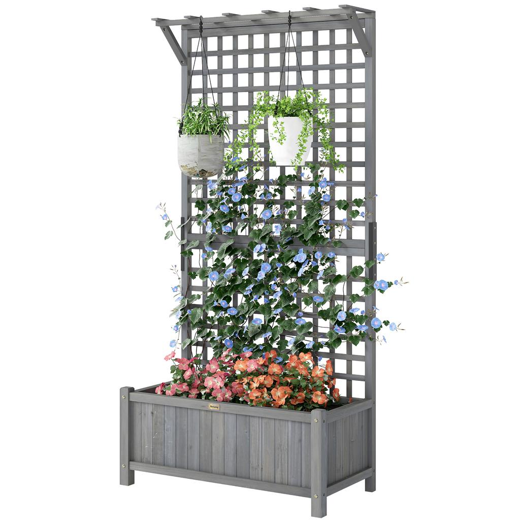 Raised Bed with Drainage Holes, Wood Planter with Trellis for Climbing Plants To Grow Vegetables, Flowers, Dark Grey