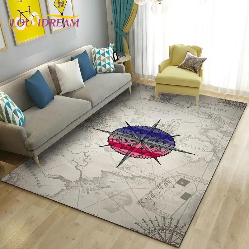 Alfombra retro con diseño de mapa del mundo vintage y brújula, para sala de estar, dormitorio, sofá, decoración, alfombra antideslizante para el suelo