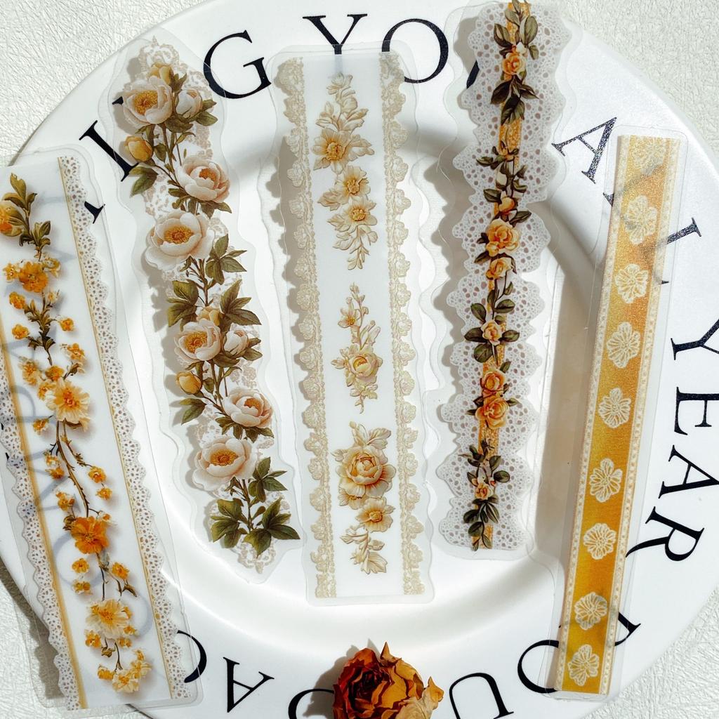 15 Pcs PET Flower Lace Strip Sticker DIY Hand Account Collage for Scrapbooking Junk Journal Decorative Stickers
