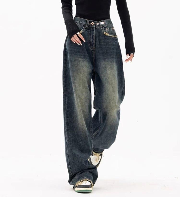 Dark Blue High-Waisted Retro Denim Jeans - Women s Summer Straight-Leg Casual Fit S