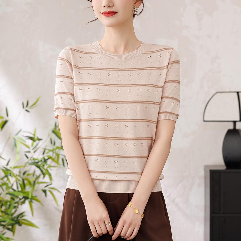 Mid-Aged Women s Elegant Hollow Stripe Summer Blouse 115