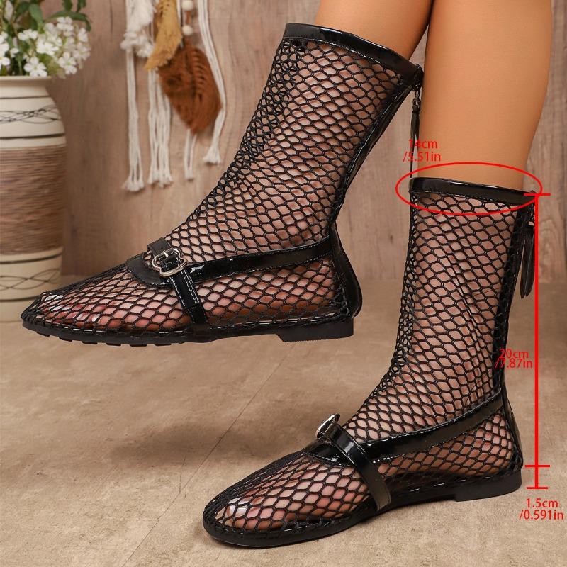 Fashion Women's Mesh Breathable Hollow Short Boots Women's Fashion Medium Tube Cool Boots Roman Flat Bottom Net Summer Boots Botas Mujer