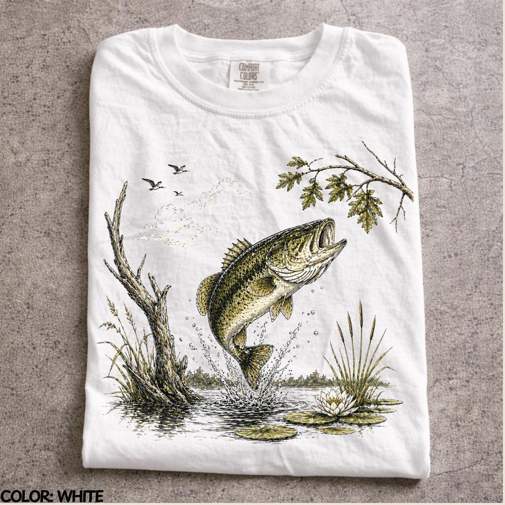 Vintage 90s Largemouth Bass Shirt, Retro Fishing Graphic Tee, Artistic Lake Nature Aesthetic Top, Comfort Colors® Fisherman Gift, Fish On