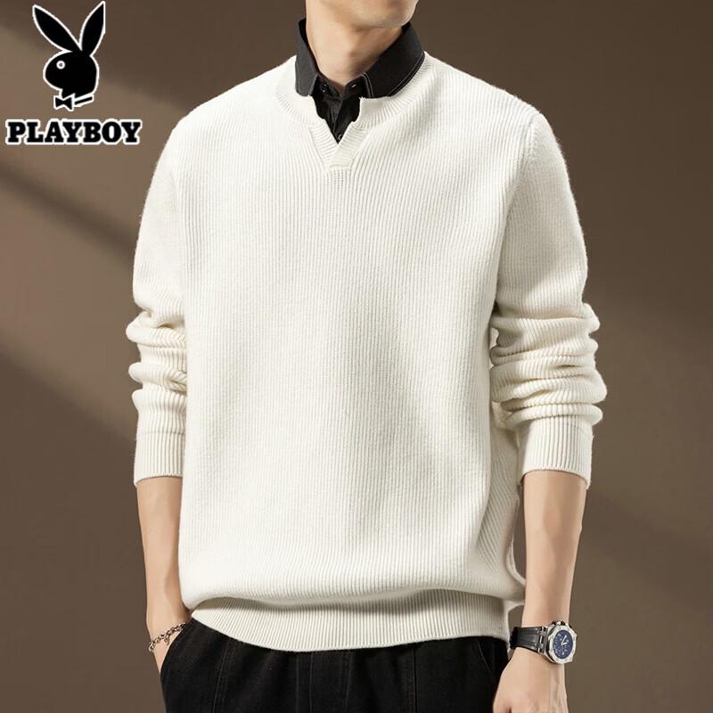 PLAYBOY Men's Fake Two-piece Shirt Collar Knit Sweater