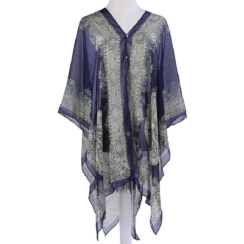 Elegant 2018 Women Chiffon Blouse Coat With Boho Floral Design For Beach Cover Up