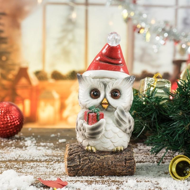 Owl Statue with LED Lighted Santa Hat for Festival Home Accent Resins Miniature Figurine Christmas Decorative Ornament