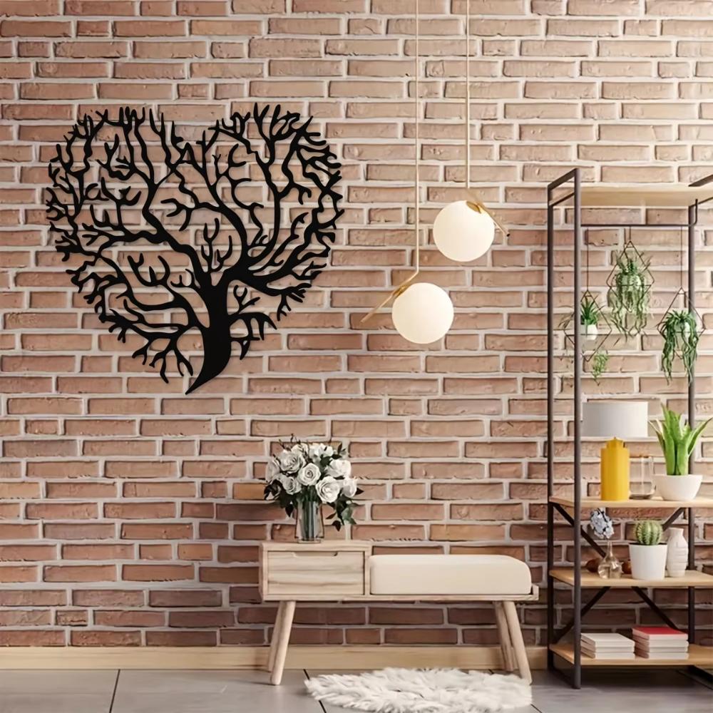 1pc Black Metal Iron Art Home Wall Decoration, Tree of Life Heart Shaped - Metal Wall Garden Art, Heart wall art