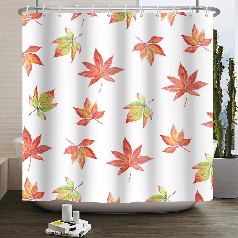 Hello Fall Shower Curtain Autumn Maple Leaves Pumpkin Bathroom Decor Polyester Fabric Cloth Shower Curtain With Hooks Room Decor