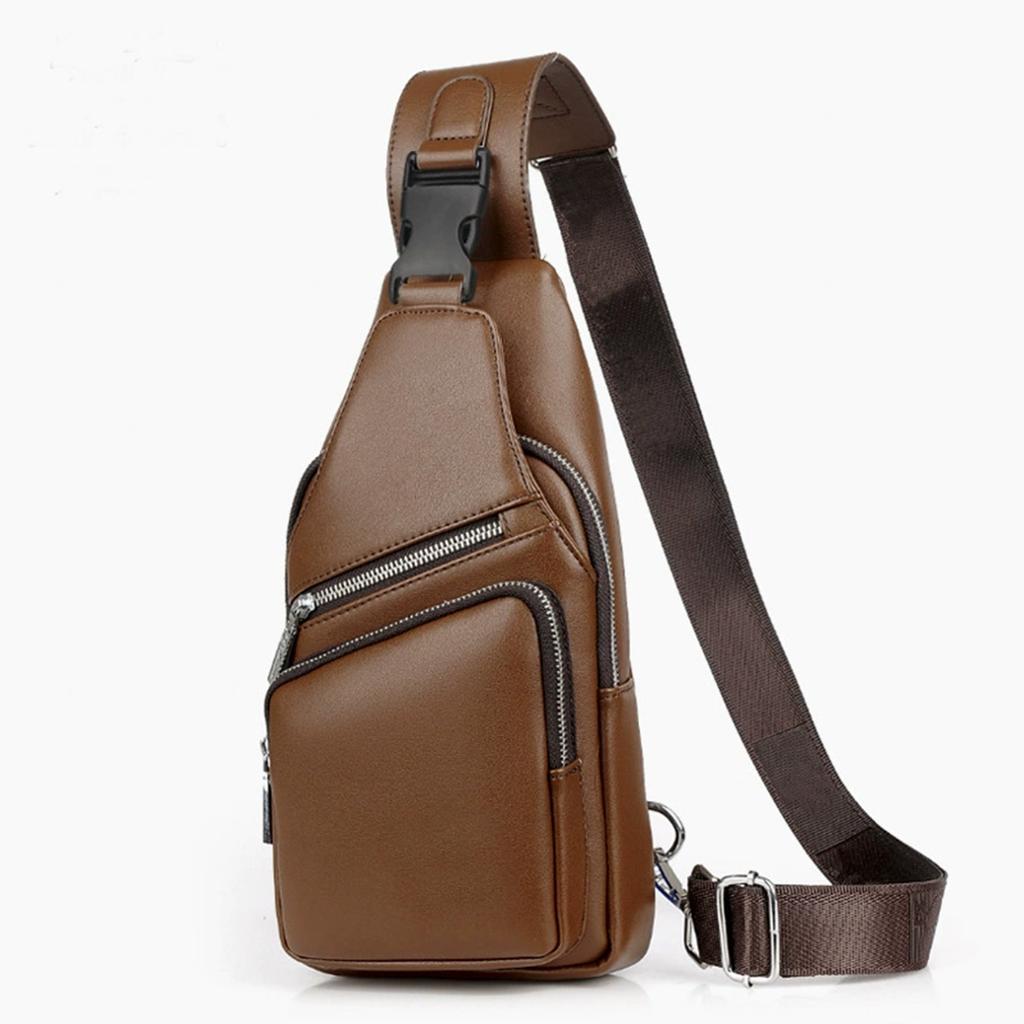 Pánská kožená taška přes rameno, crossbody, náprsní taška s USB nabíjecím portem, ležérní batoh, hnědá, jedna velikost