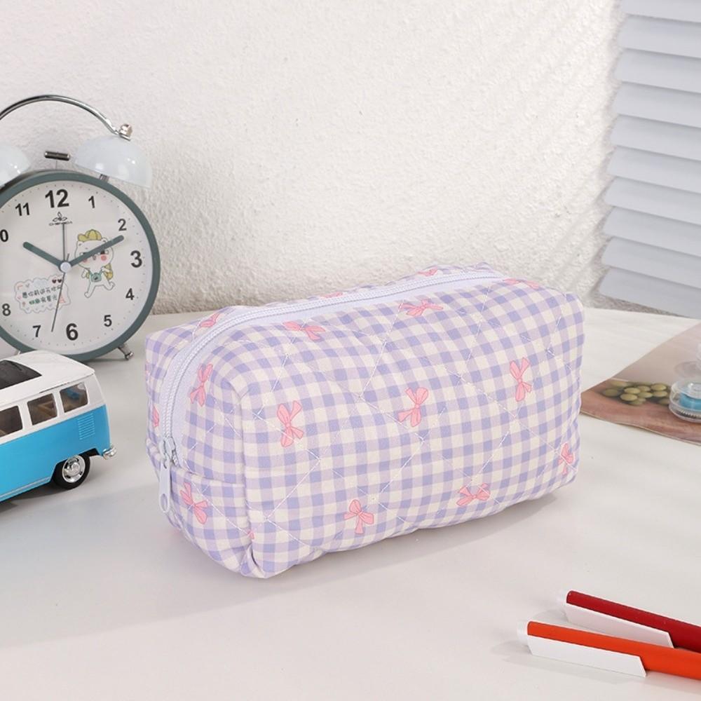 Large Capacity Plaid Bow Pattern Stationery Bag Lightweight Coin Purse Makeup Storage Bag Office