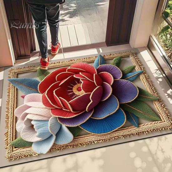 Absorbent Bath Mat Floor 3D Flower Pattern Bathroom Rug Highly Quick Door Friendly Dry Non-Slip Rubber Backing Kitchen Shower Laundry Room No Curl