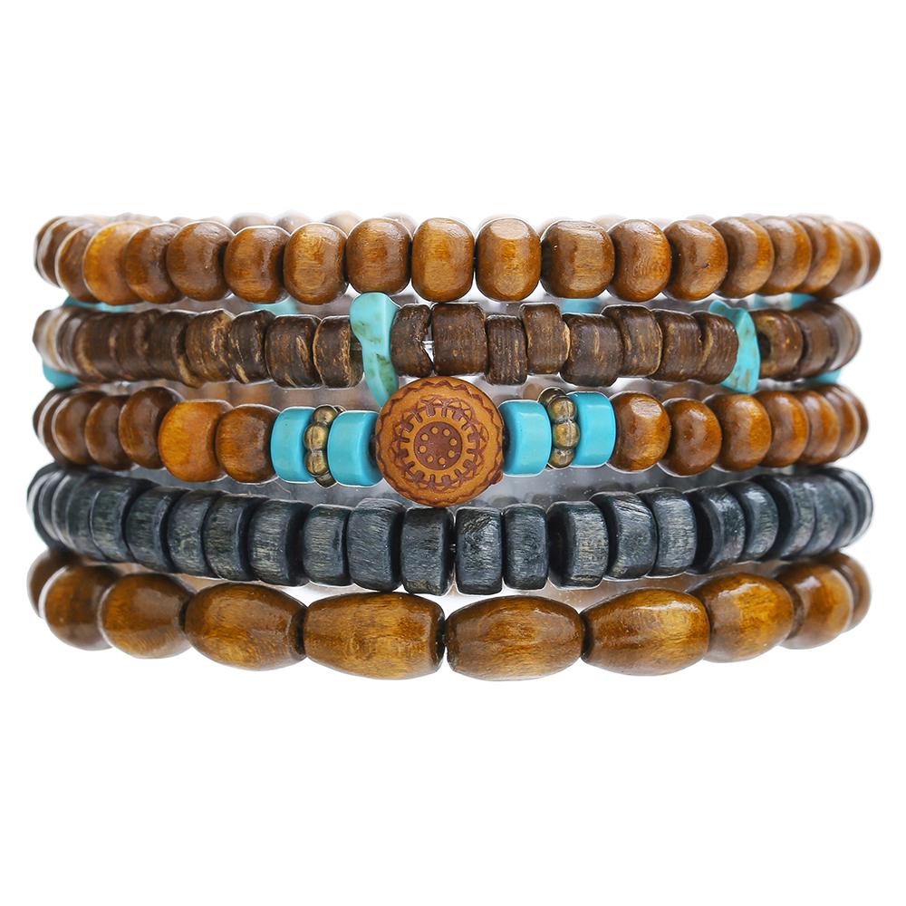 Best-selling Multi-layer Buddha Wood Bead Bracelets Sets Men's Retro Style Multi-layer Elastic Thread Adjustable Wooden Bracelet