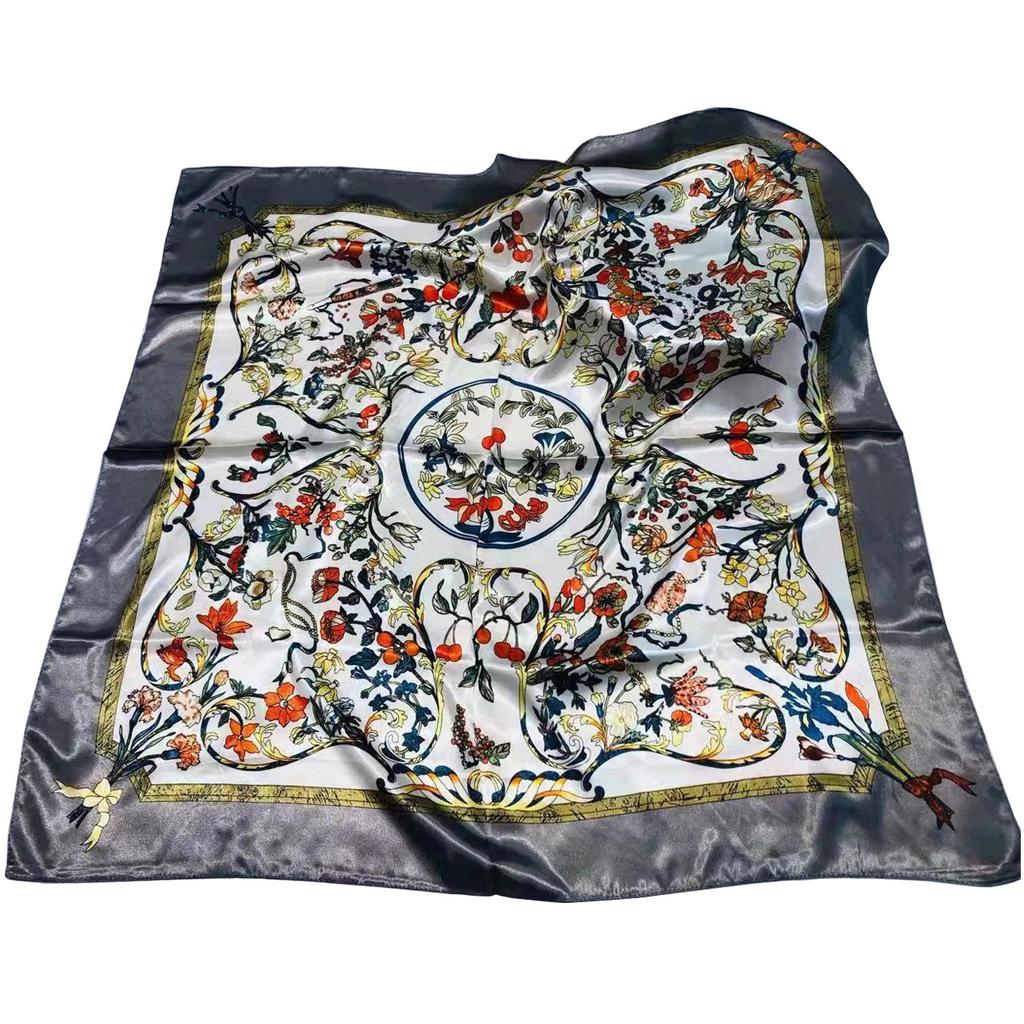 Modischer Seidenschal Damen Blumenmuster Satin Kopf Hijab Schals Luxus Foulard Farben Quadratische Schals Strandtücher 90X90cm