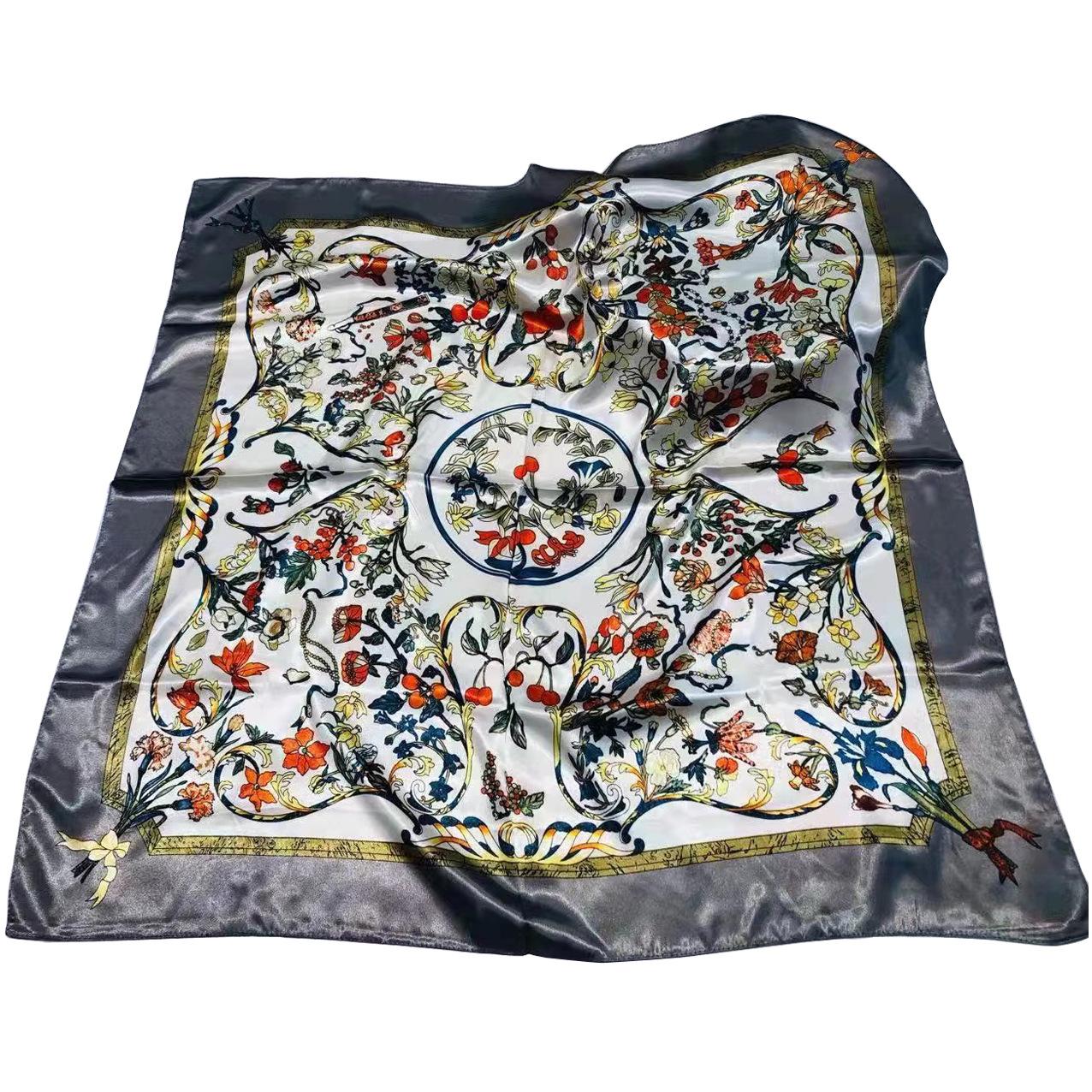

Fashion Silk Scarf Women Flower Print Satin Head Hijab Scarfs Luxury Brand Foulard Colors Square Scarves Beach Shawls 90x90cm 90x90cm