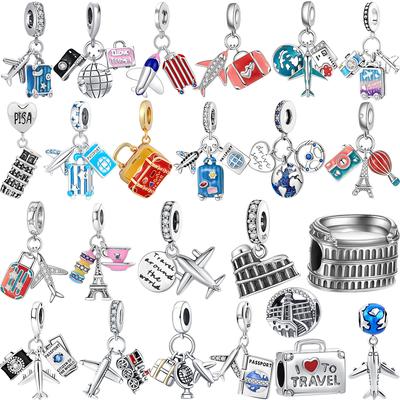 New 925 Silver Airplane Passport Vacation In Rome Beads Charm Pendant Fit Bracelet Necklace DIY Gift Women