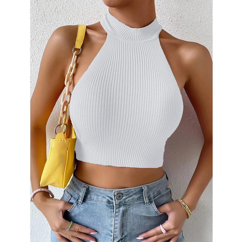 Suéter básico de verano para mujer, camisetas sin mangas, suéter informal de punto acanalado sin mangas para mujer, Top corto elástico con corsé, Top corto con cuello Halter