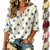 Women's Polka Dot Print Top with Tie Front and Ruffle Hem - Three Quarter Sleeve Round Neck Blouse
