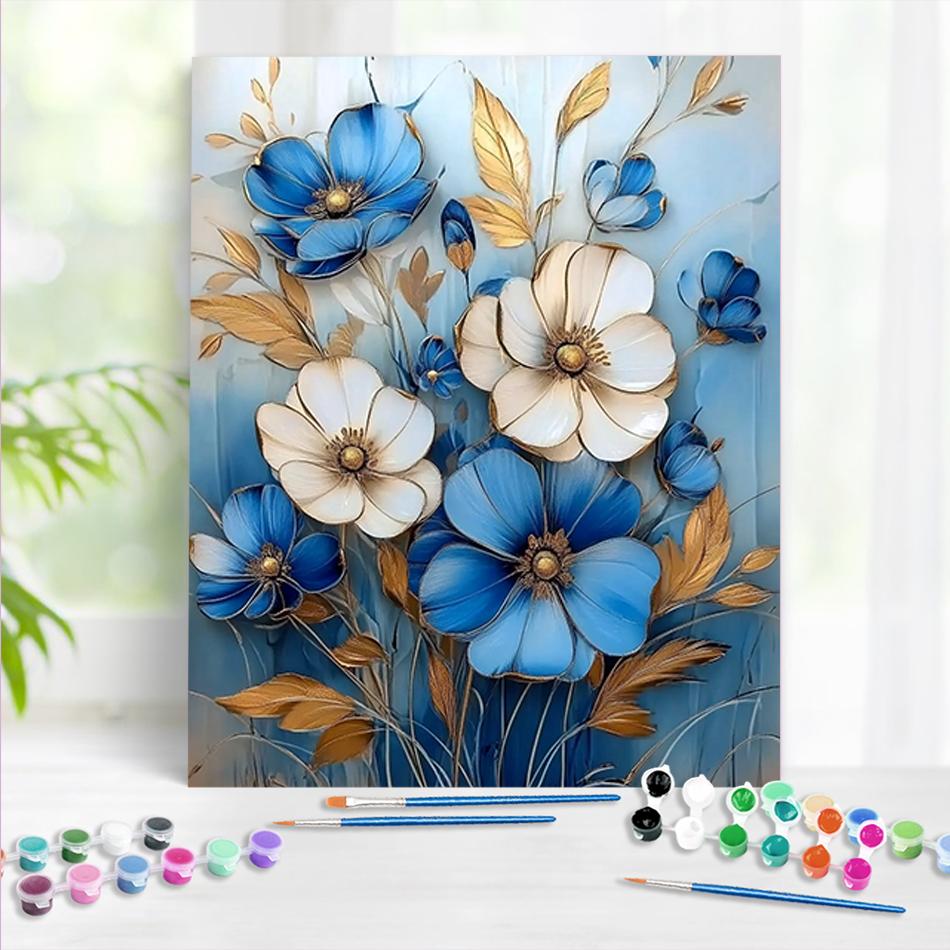 1pc Picture With Numbers Blue And White Flowers Painting Art For Beginner On Canvas Art Acrylic Paint Kits 40x50cm/16x20inch Without Frame