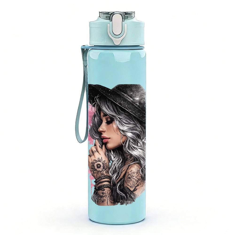 1PC Two Woman Dark Portrait Print 750ml Color Plastic Sports Water Bottle Leakproof Flip Straw Lid Suitable for Sports Office Home Use