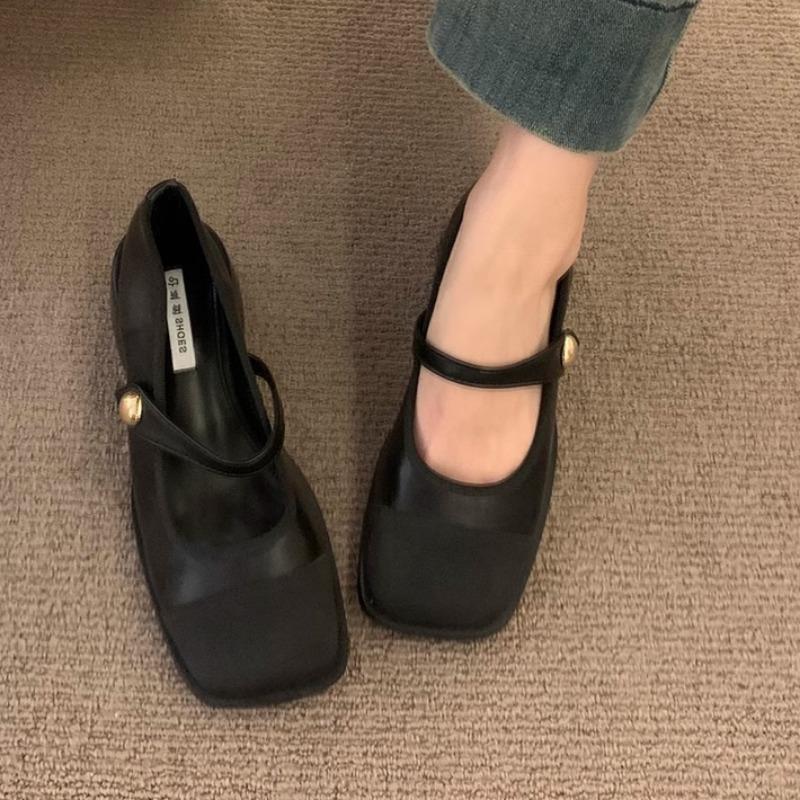 Fashion Spring New Coarse Heel Single Shoes Women's Square Head Shallow Mouth Splicing A Word Buckle Non-slip Low-top Shoes