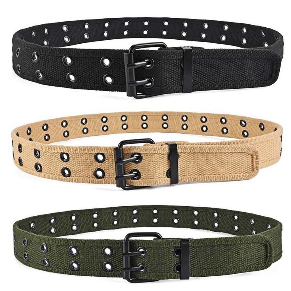 Double Row Canvas Waist Belt Metal Buckle Woven Belts Double Row Buckle Belt Leisure Wear