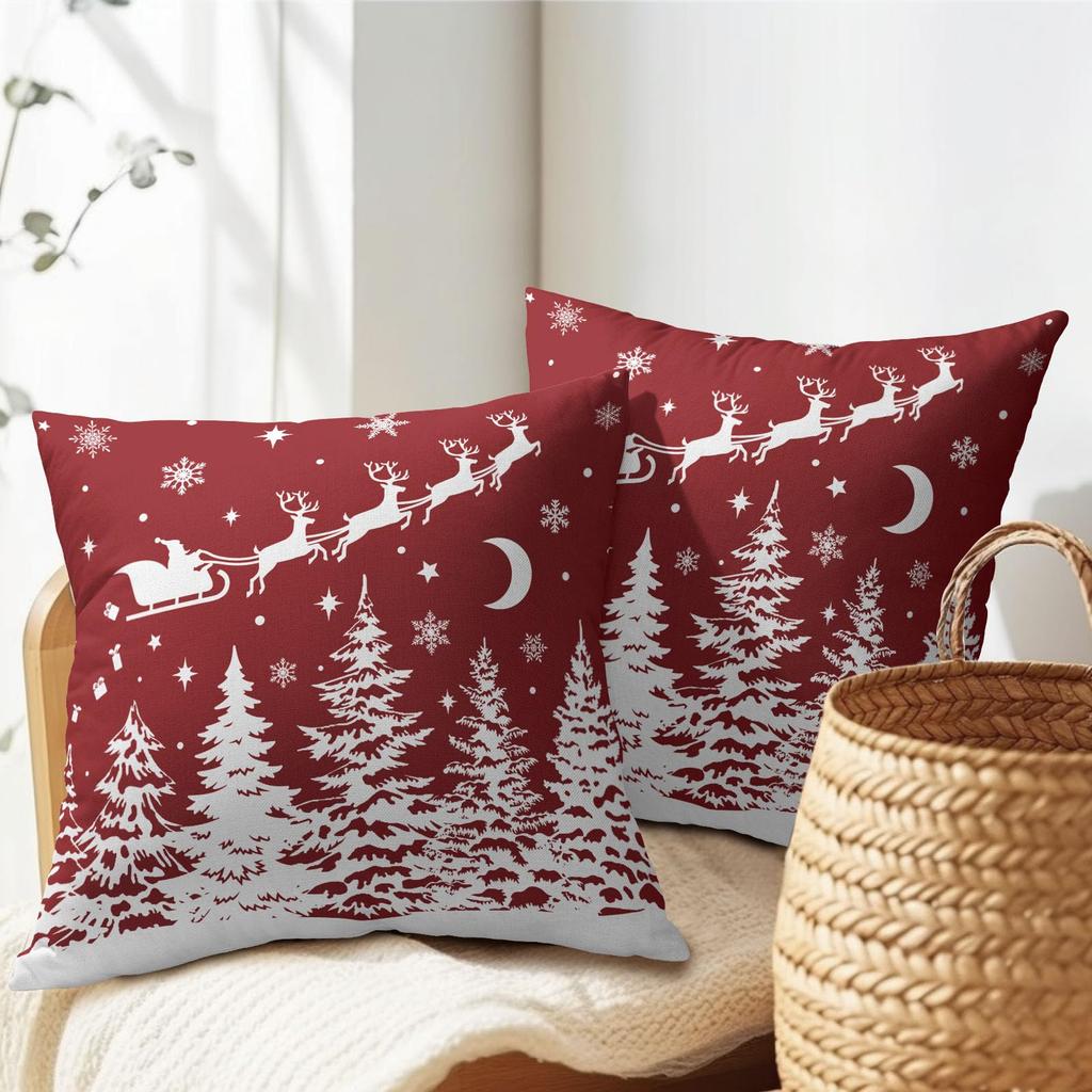 Christmas-Themed Pillow Covers 20×20 inches in Red and White—Featuring Christmas Trees Santa Claus Reindeer and Snowflakes—Decorative Sofa