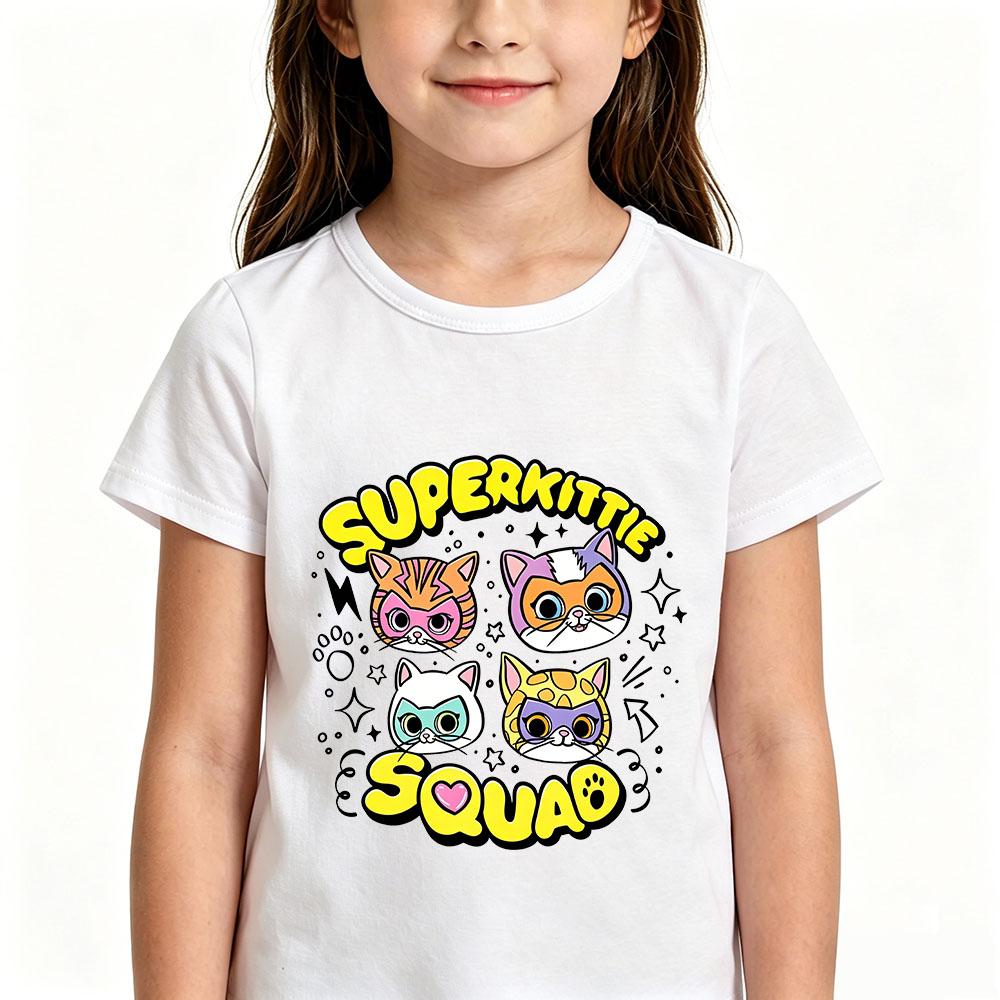 Children's Cotton T-shirts SuperKitties Cartoon Print Kids Short Sleeve Cute Boys Girls 2-12Y Tees Casual Crew Neck Tops Summer